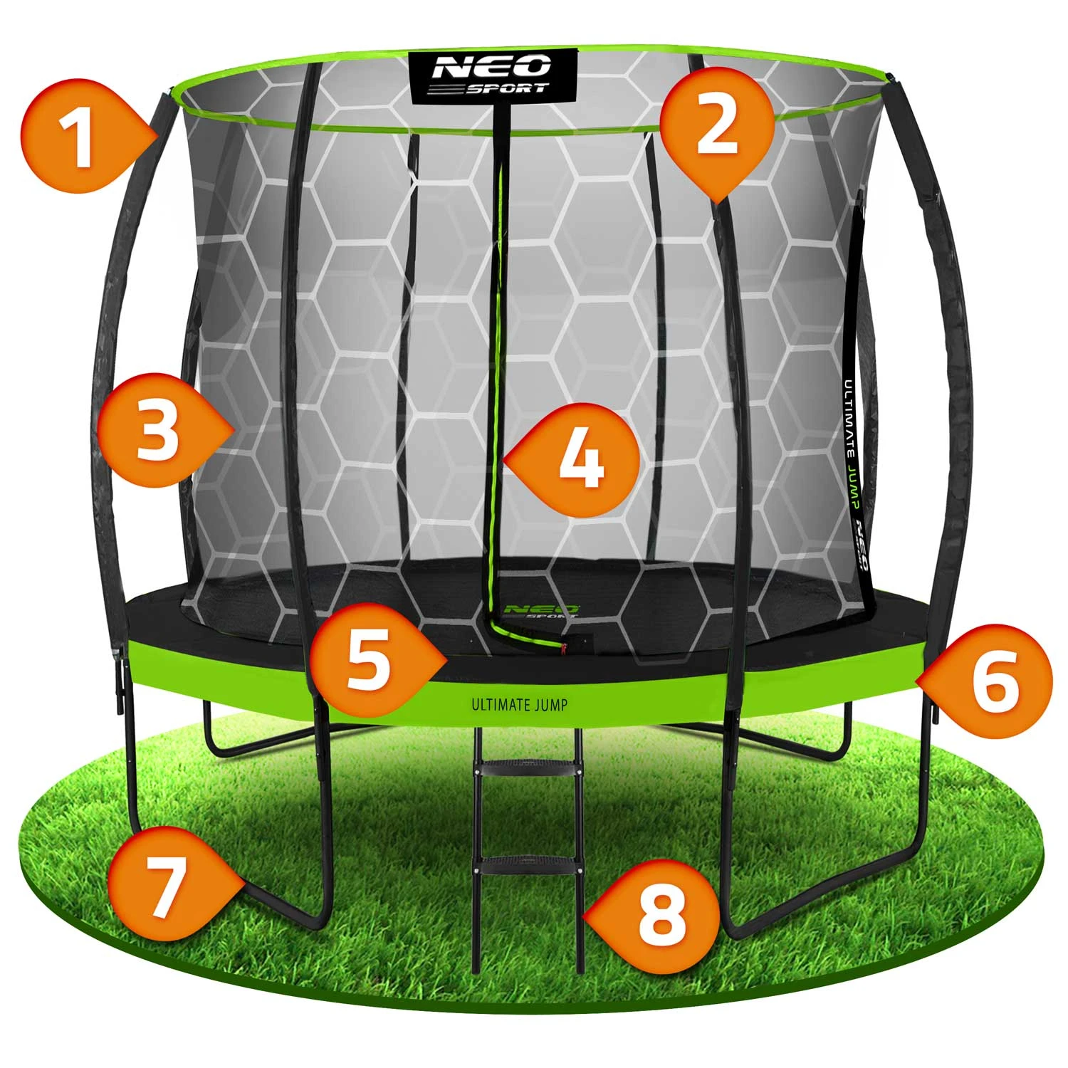 Neo-Sport NS-08C221 dārza batuts ar iekšējo tīklu 252 cm (8ft), melns/zaļš