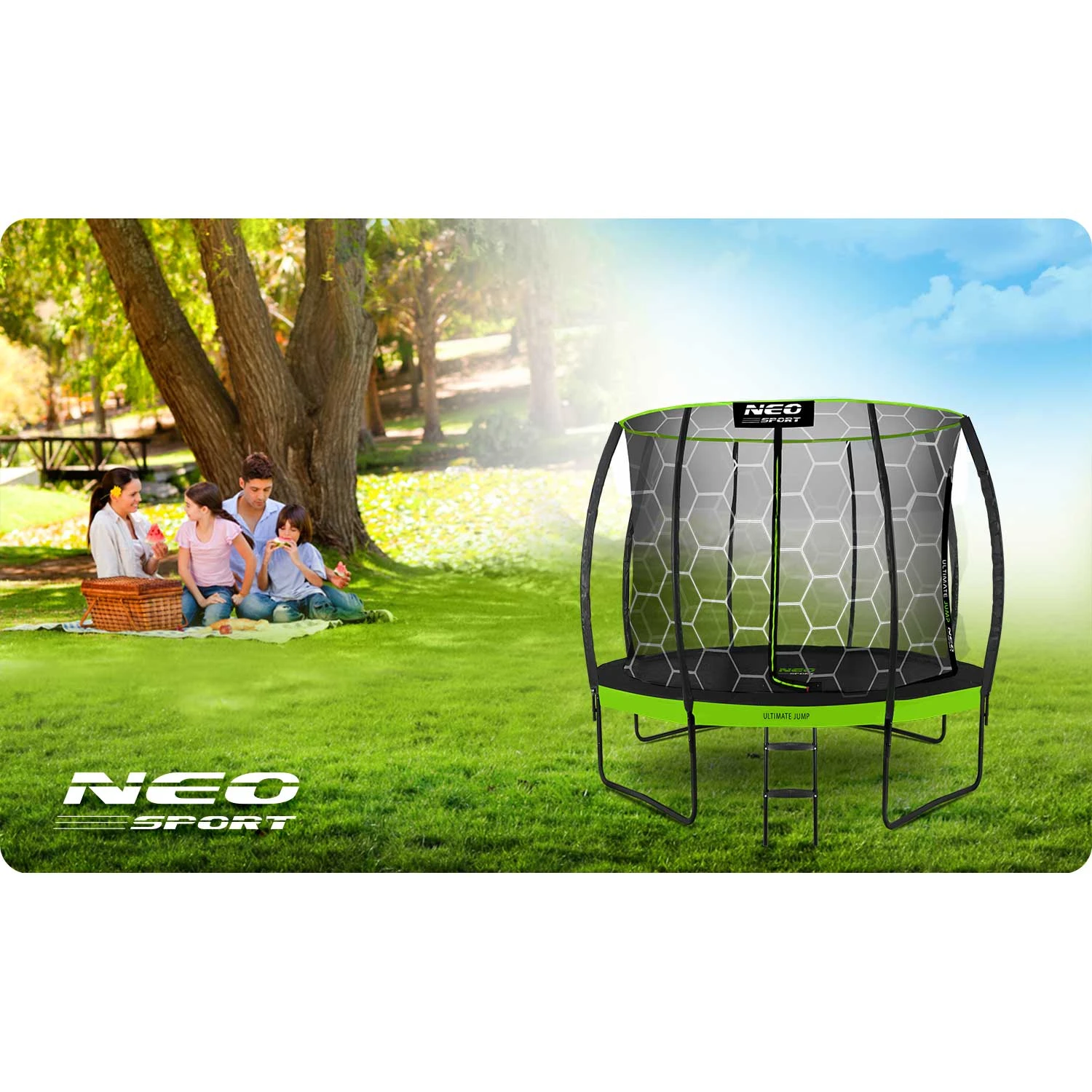 Neo-Sport NS-08C221 dārza batuts ar iekšējo tīklu 252 cm (8ft), melns/zaļš