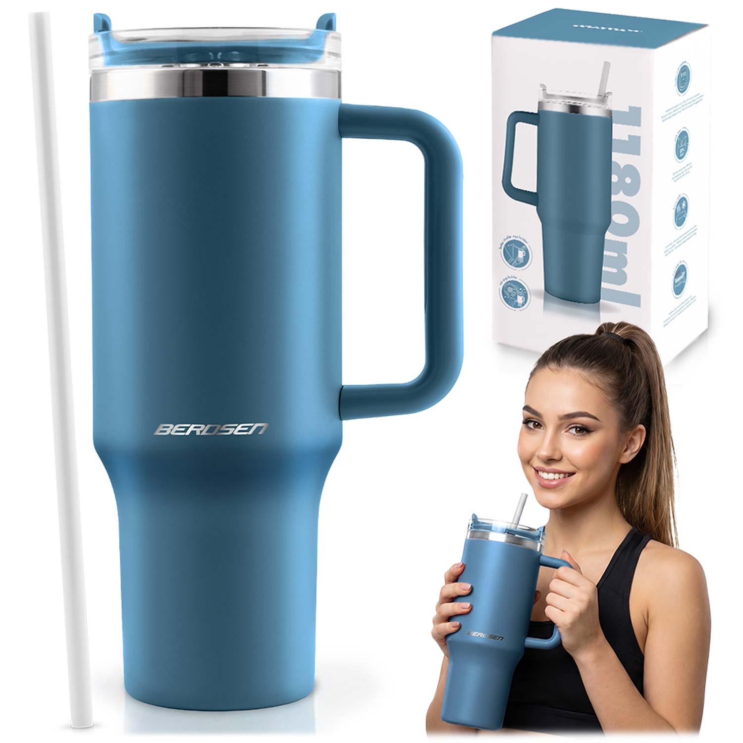 Berdsen Vacuum Thermos Tumbler with Straw 1180ml, Navy Blue