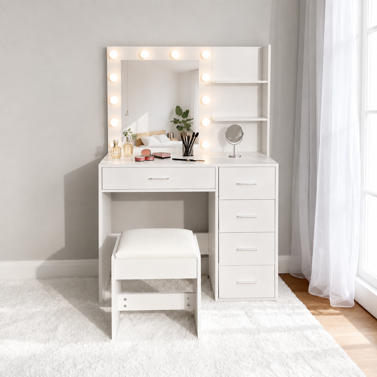 ModernHome Vanity Table with LED Mirror, 5 Drawers and Stool