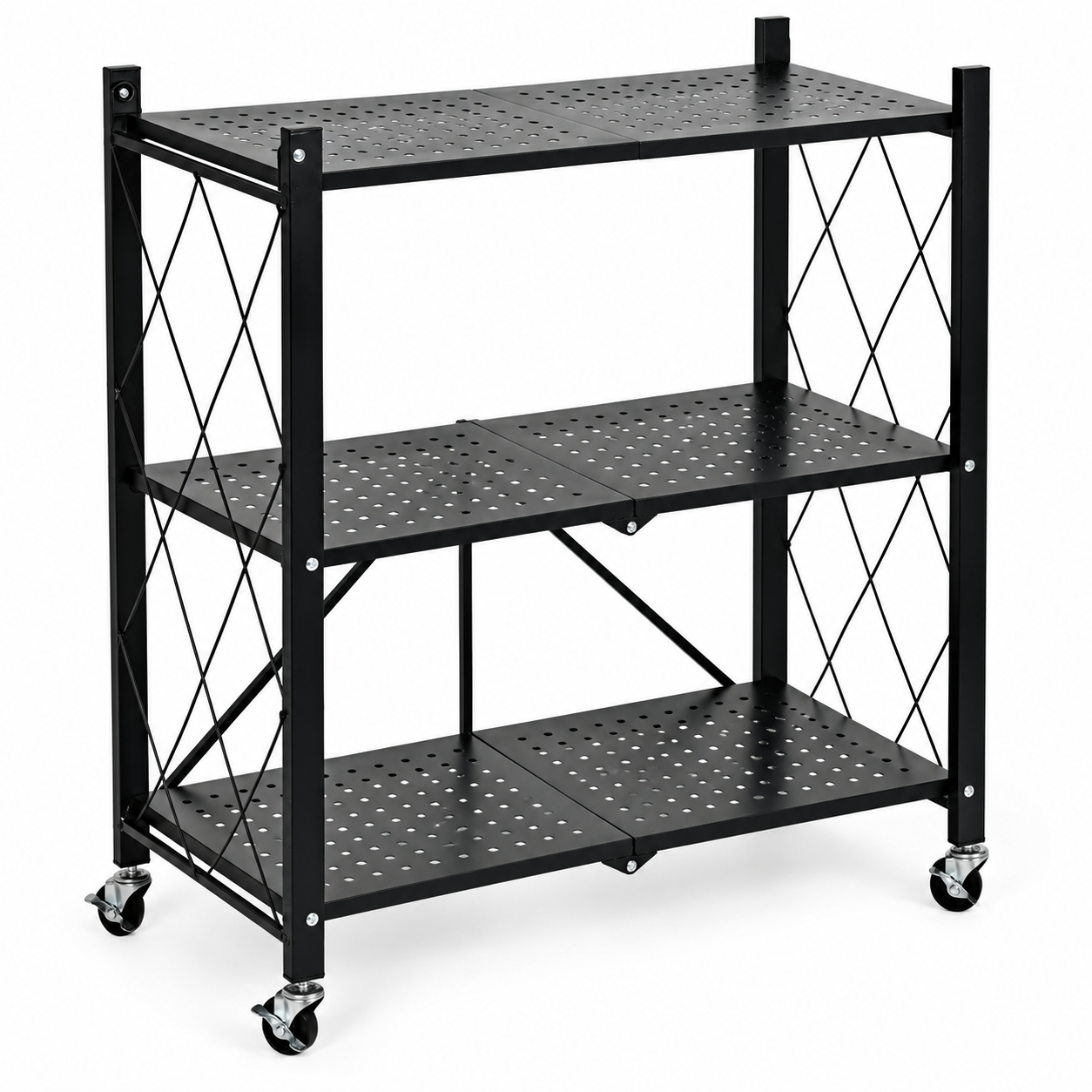 Folding Steel Shelving Unit on Wheels ModernHome, 3 Shelves, Black
