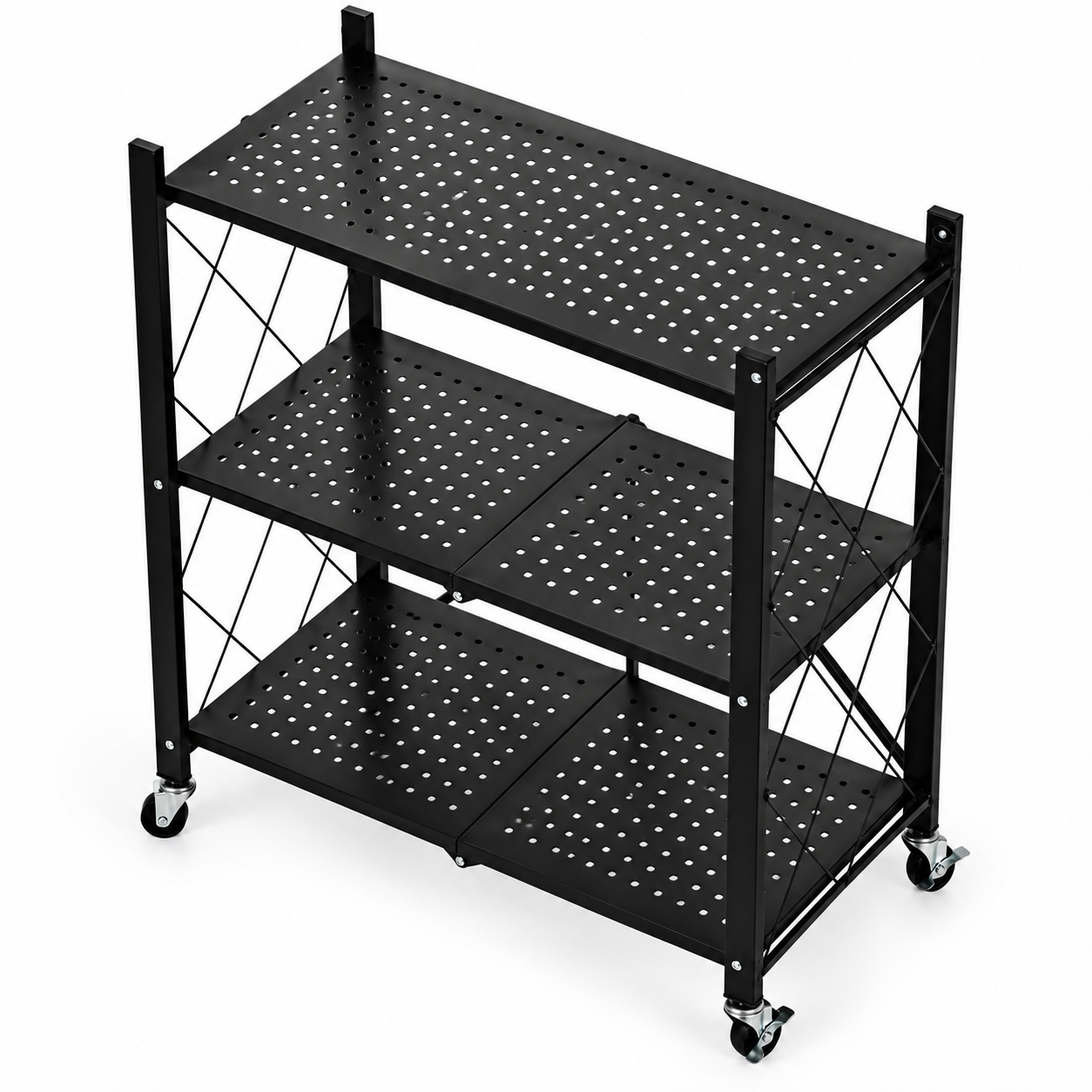 Folding Steel Shelving Unit on Wheels ModernHome, 3 Shelves, Black