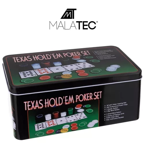 Malatec Texas Poker Set with 200 Chips in Metal Tin