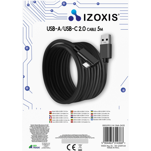 Izoxis 19911 Right Angle USB C to USB A Cable 5m Nylon Braided Data Cord