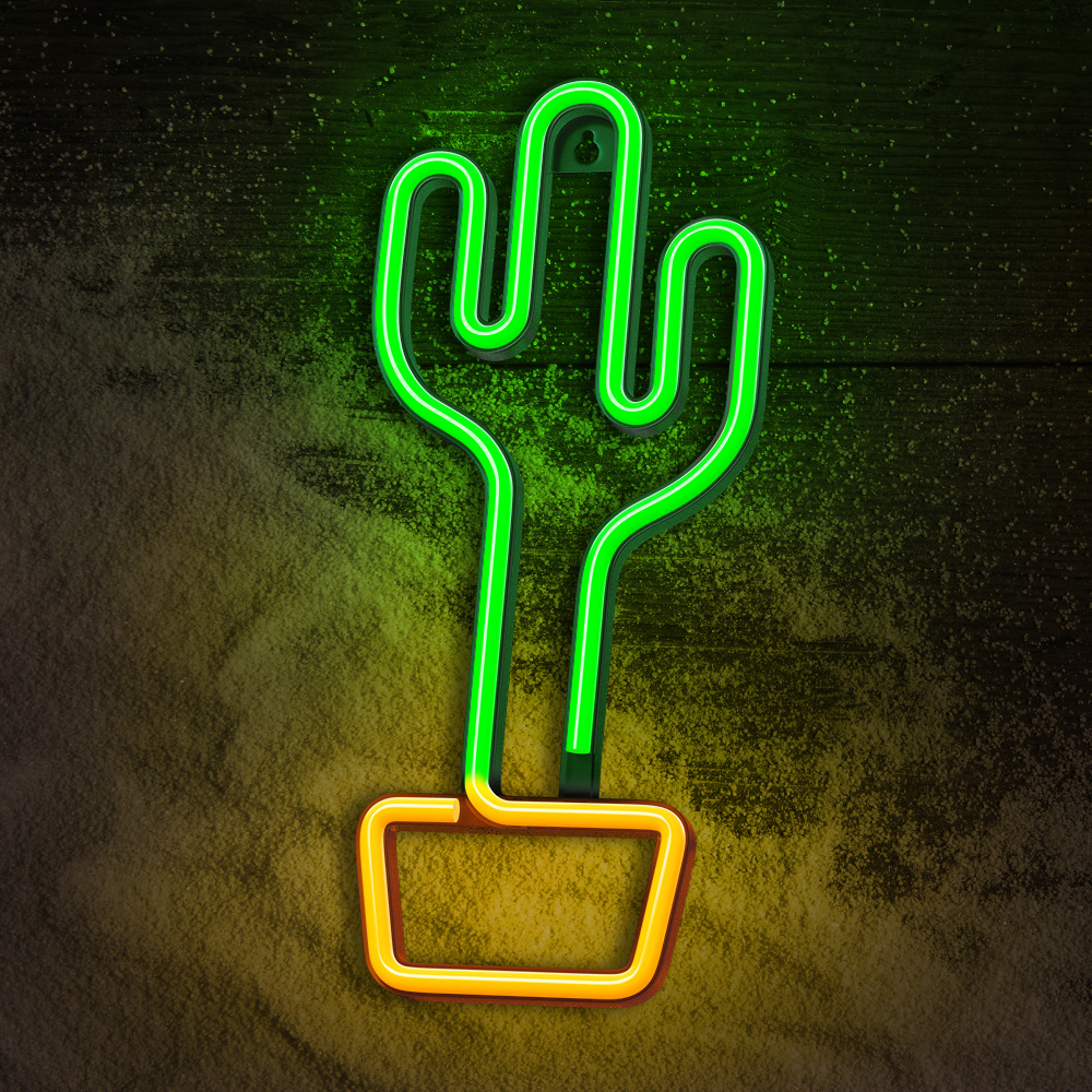Cactus LED Neon Sign Wall Decor Light by Forever Light, USB & Battery Powered, Orange/Green
