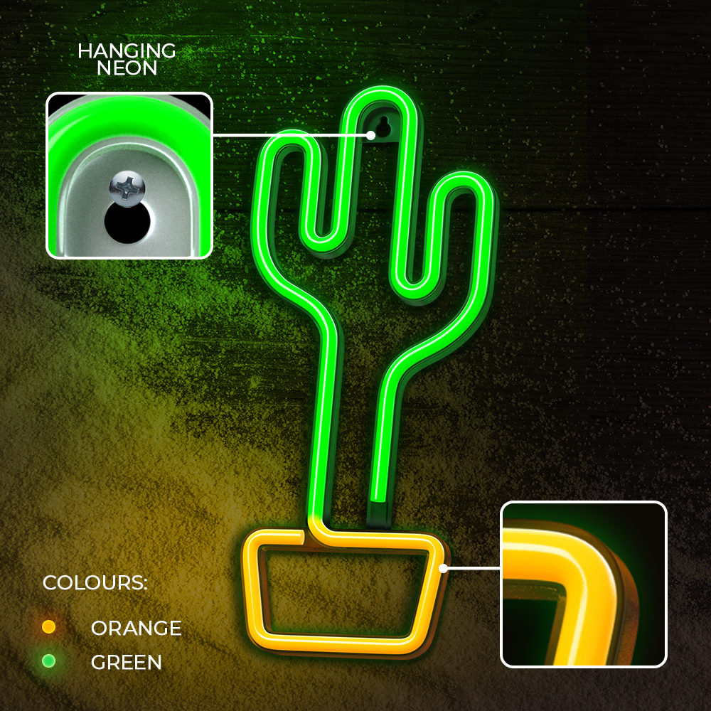 Cactus LED Neon Sign Wall Decor Light by Forever Light, USB & Battery Powered, Orange/Green