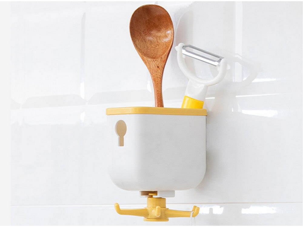 Rotating Kitchen Hanger with 6 Hooks and Container, Self-Adhesive
