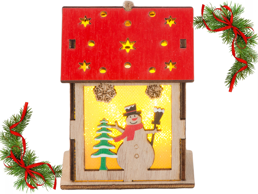 Wooden Hanging Christmas Lantern with LED Light, Snowman