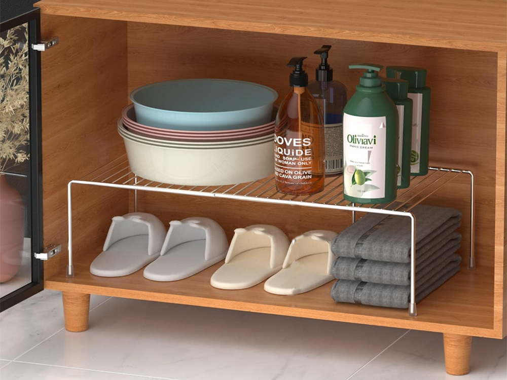 Metal shelf adjustable width expandable for kitchen organizer white