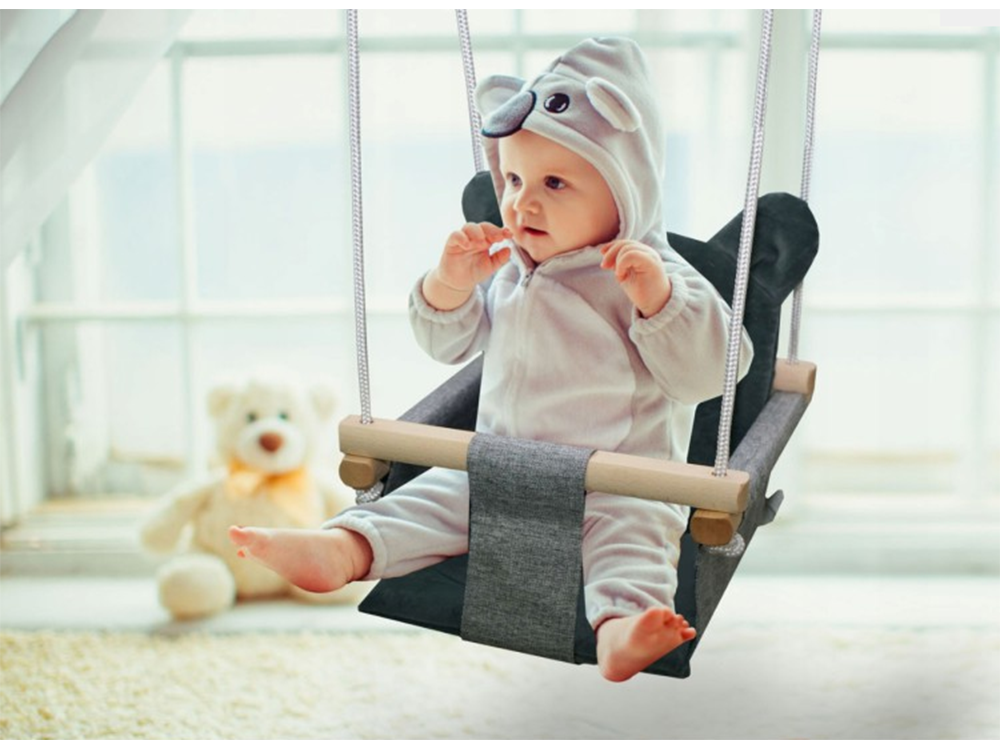 Fabric Baby Swing with Wooden Elements, Grey