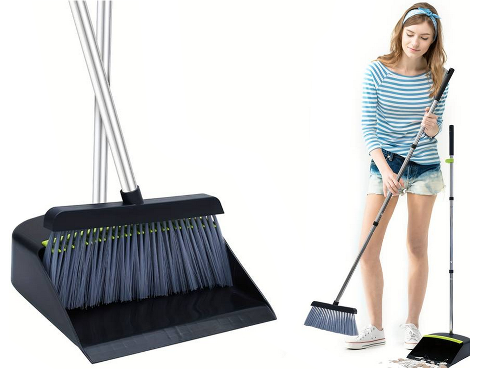 Broom and Dustpan Set with Long Handle, Adjustable Length