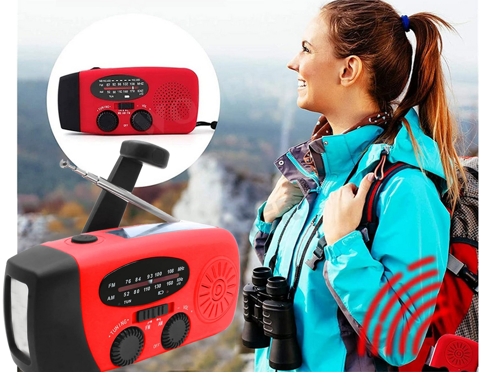 Portable radio with LED flashlight, solar panel, hand crank dynamo and USB power bank, red/black/green