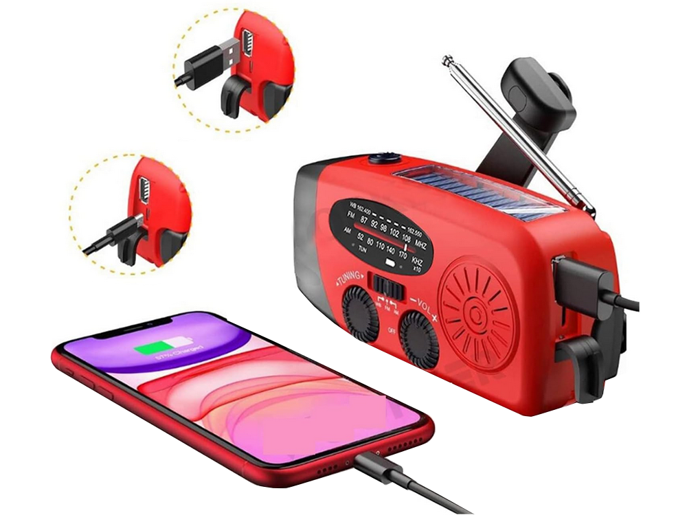 Portable radio with LED flashlight, solar panel, hand crank dynamo and USB power bank, red/black/green