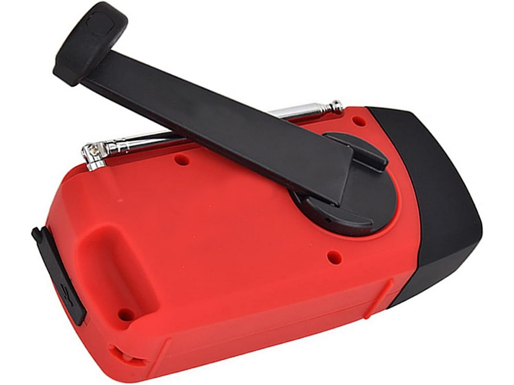 Portable radio with LED flashlight, solar panel, hand crank dynamo and USB power bank, red/black/green