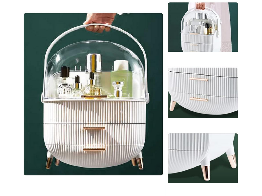 Large makeup organizer with drawers and handle, elegant, white