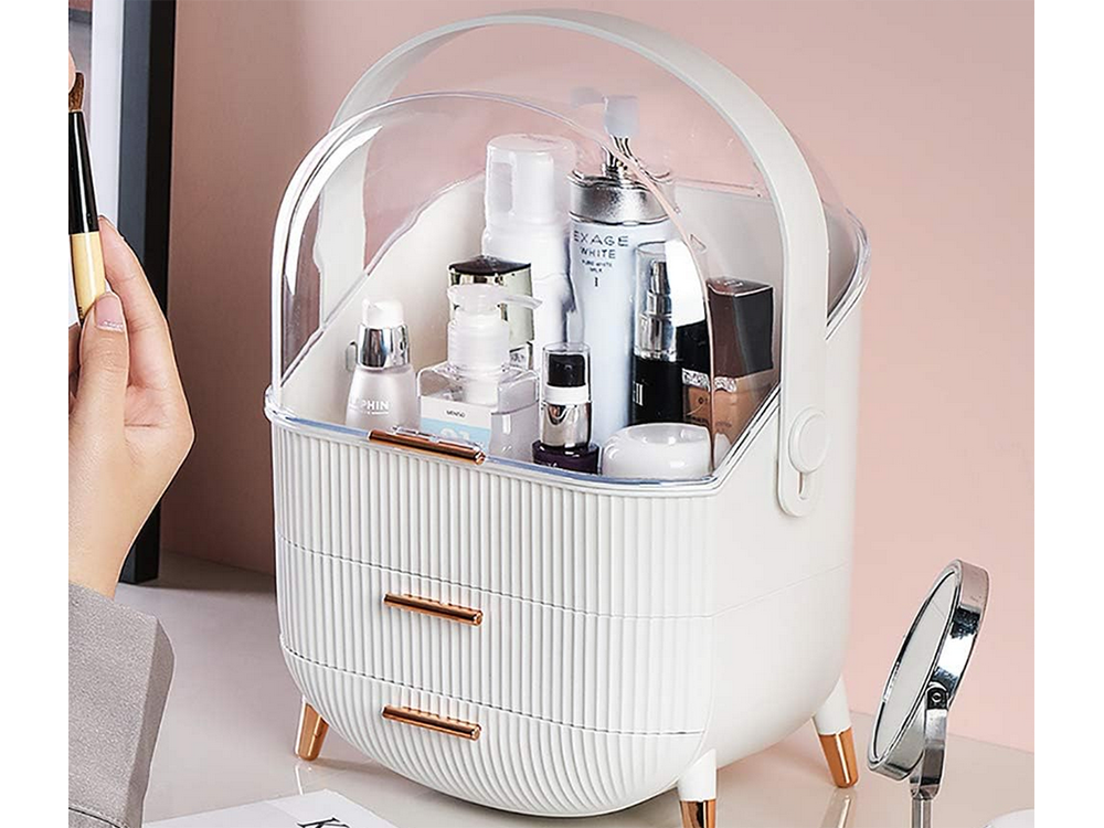 Large makeup organizer with drawers and handle, elegant, white