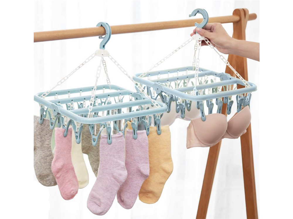 Compact clothes drying rack with 32 clips for socks and underwear, blue