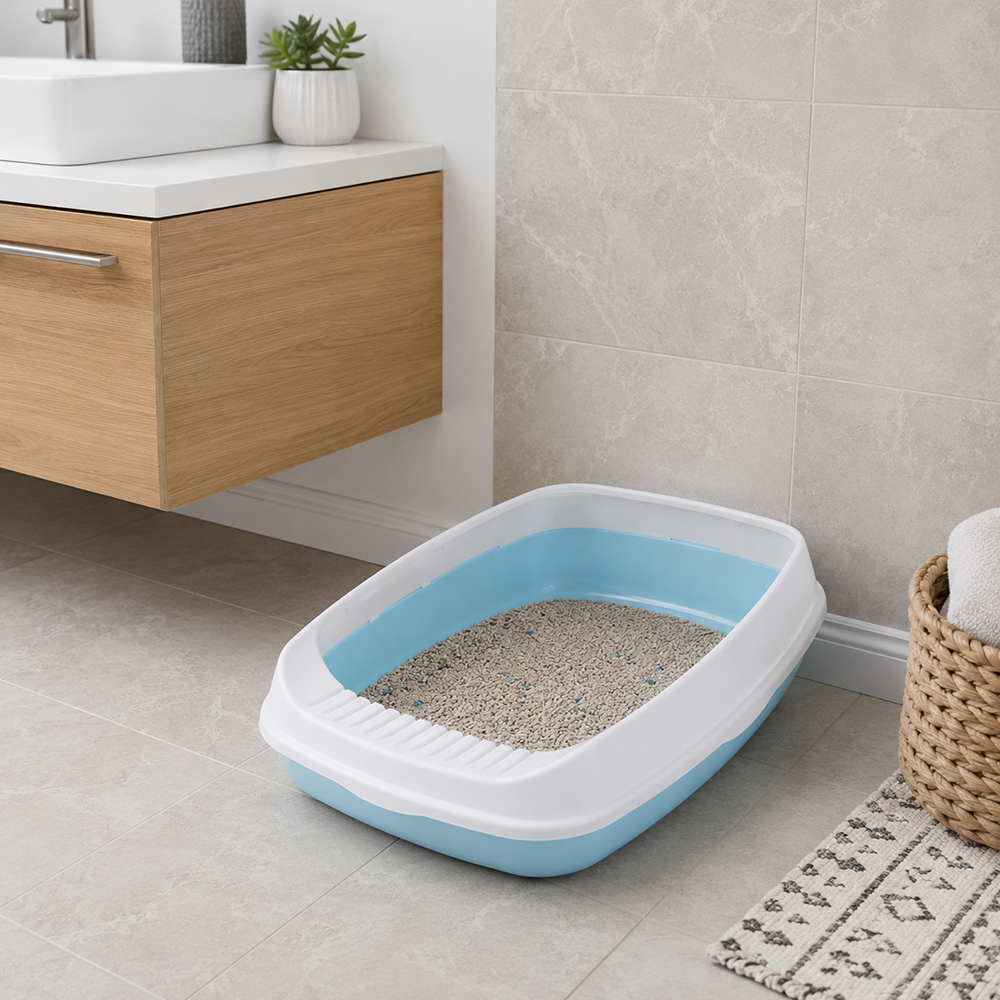 Open Cat Litter Box with Frame and Scoop, 45x34x12 cm, Blue