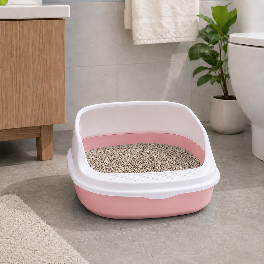 Open Cat Litter Box with Frame and Scoop, 48x38x19 cm, Pink