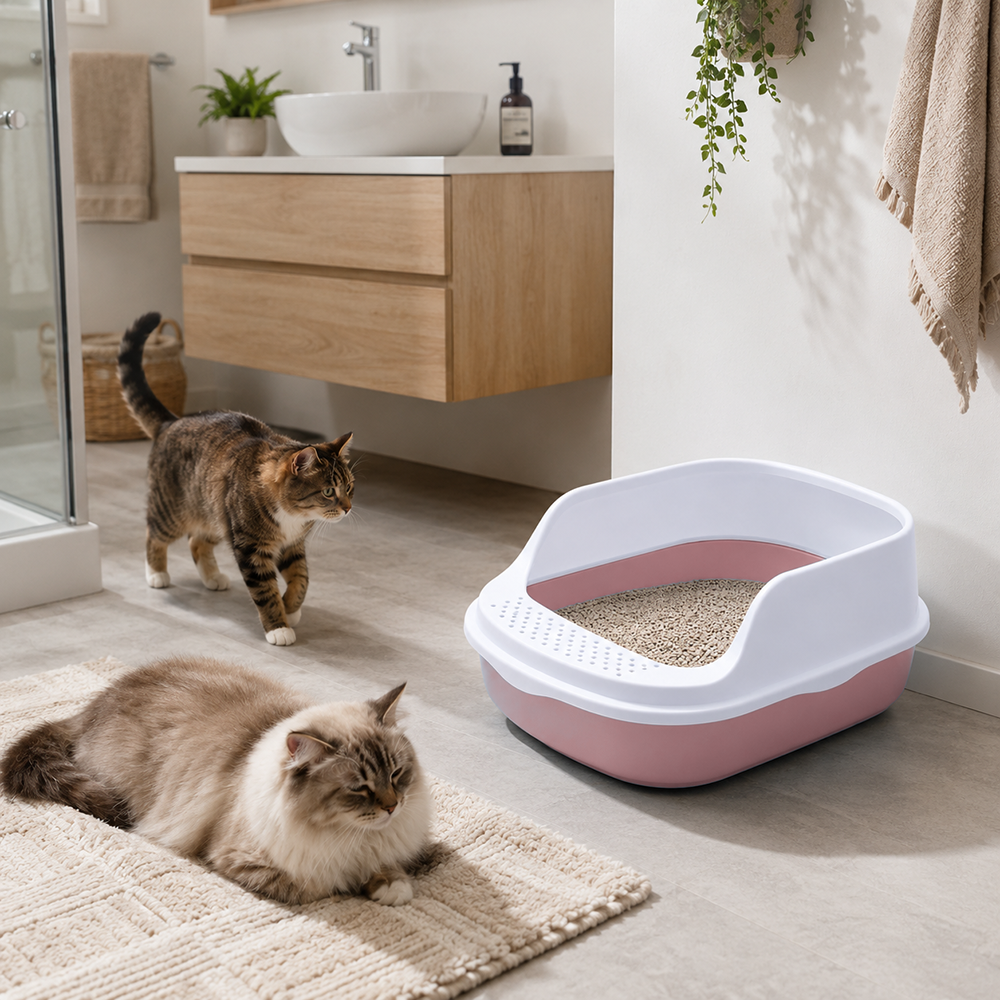 Open Cat Litter Box with Frame and Scoop, 48x38x19 cm, Pink