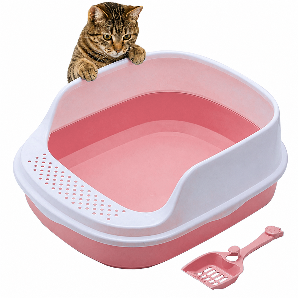 Open Cat Litter Box with Frame and Scoop, 48x38x19 cm, Pink