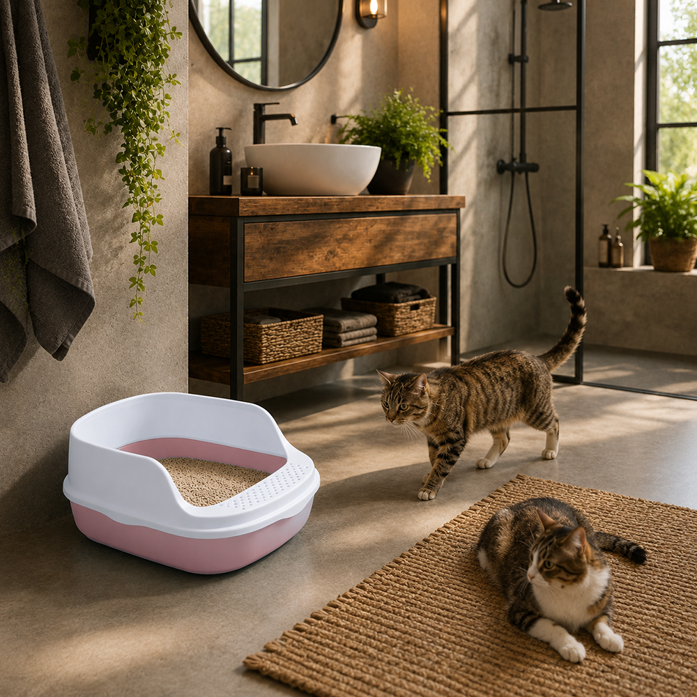 Open Cat Litter Box with Frame and Scoop, 48x38x19 cm, Pink