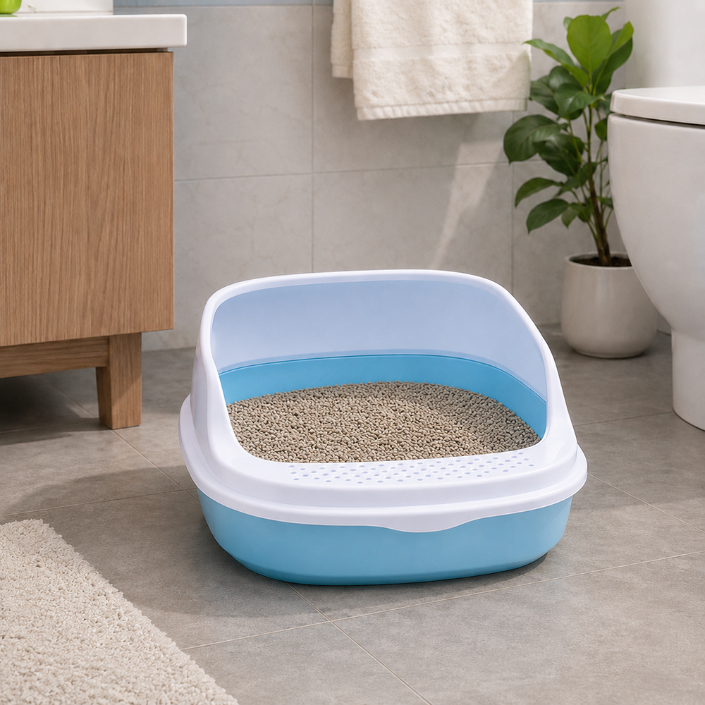 Open Cat Litter Box with Frame and Scoop, Blue (48 x 38 x 19 cm)