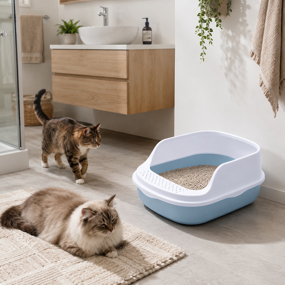 Open Cat Litter Box with Frame and Scoop, Blue (48 x 38 x 19 cm)