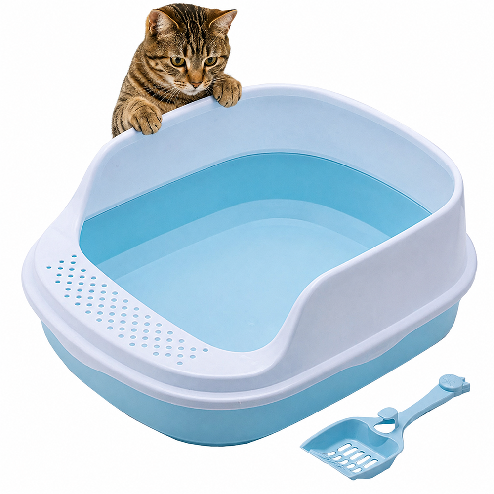Open Cat Litter Box with Frame and Scoop, Blue (48 x 38 x 19 cm)