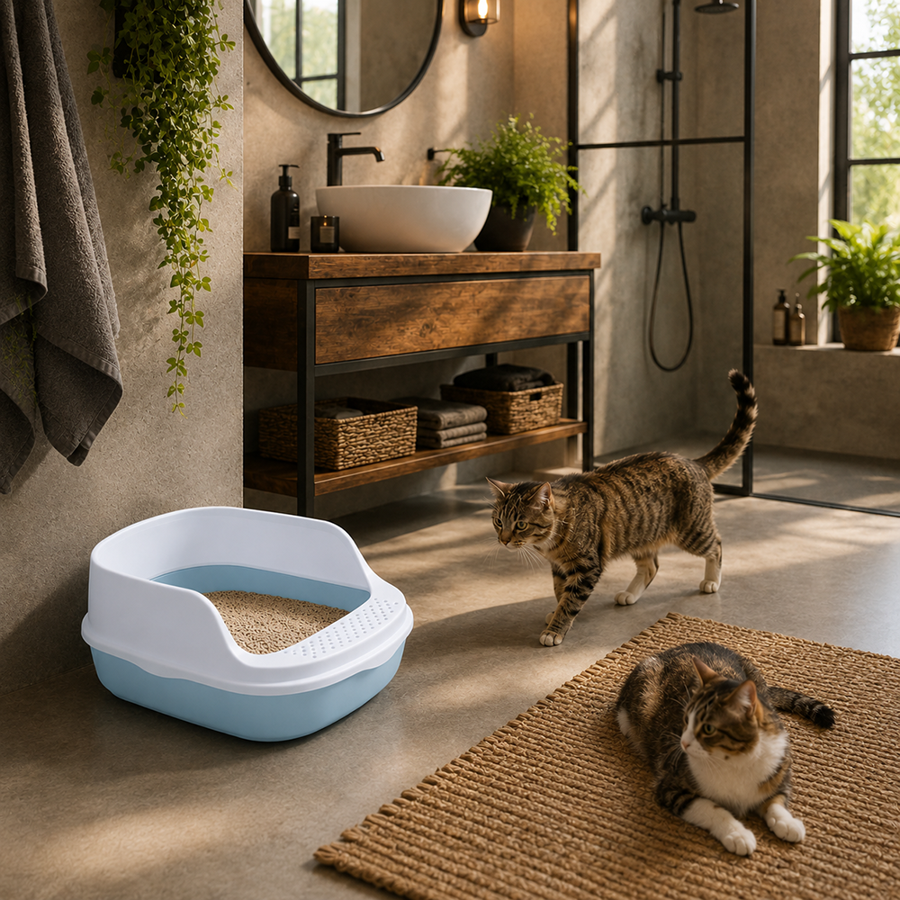Open Cat Litter Box with Frame and Scoop, Blue (48 x 38 x 19 cm)