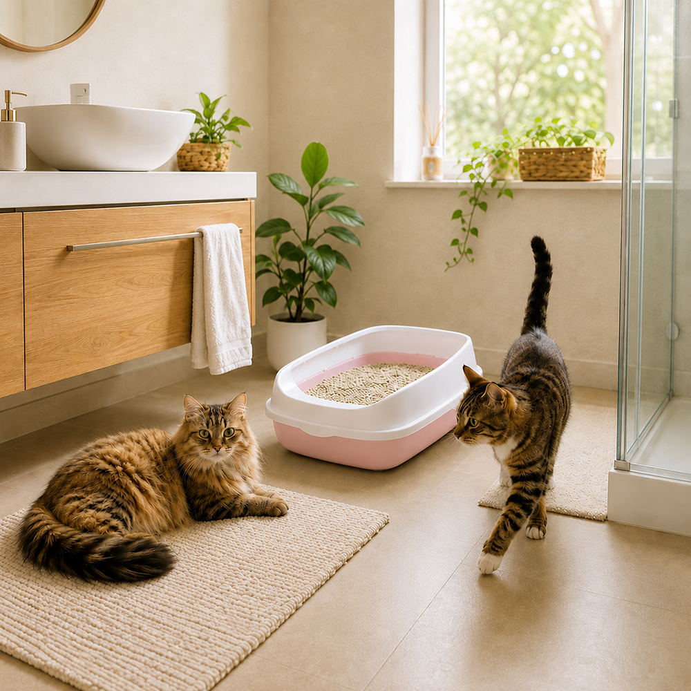 Open Cat Litter Box with Rim and Scoop, 45 x 34 x 12 cm, Pink