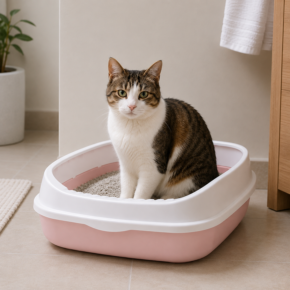 Open Cat Litter Box with Rim and Scoop, 45 x 34 x 12 cm, Pink
