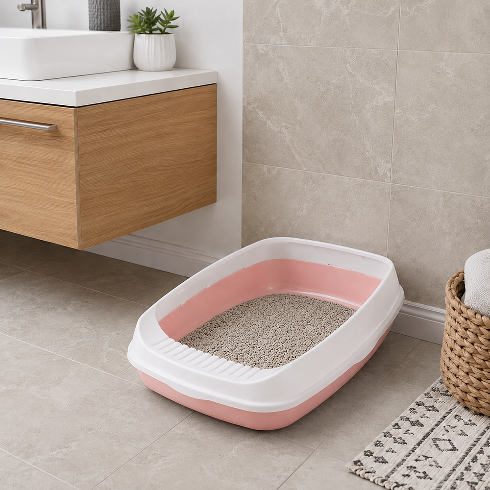 Open Cat Litter Box with Rim and Scoop, 45 x 34 x 12 cm, Pink