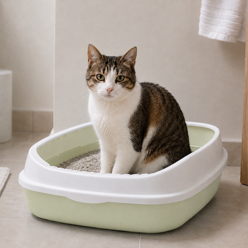 Open Rimmed Cat Litter Box with Scoop, 45x34x12cm, Green