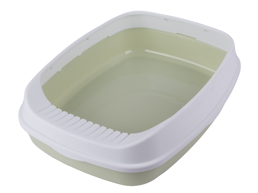 Open cat litter box with high rim and large scoop, green
