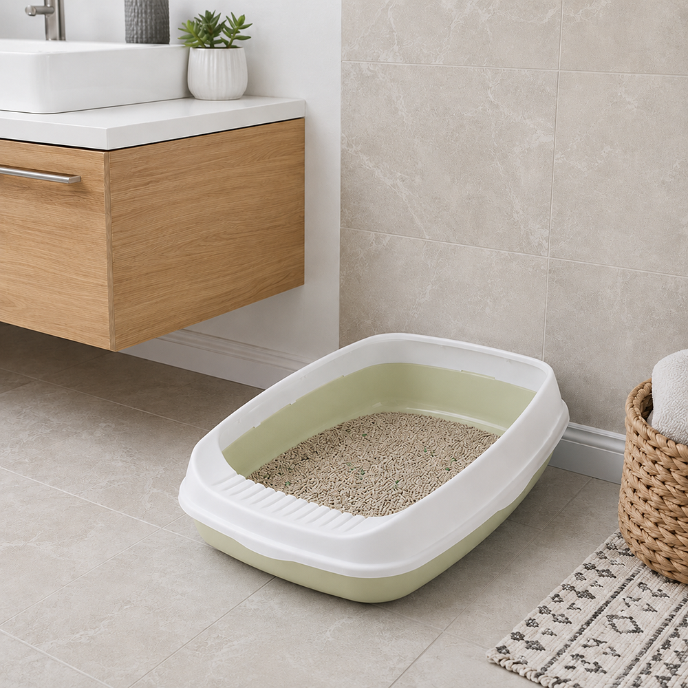 Open Rimmed Cat Litter Box with Scoop, 45x34x12cm, Green