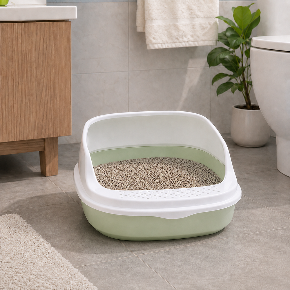 Open Cat Litter Box with Rim and Scoop, 48x38x19 cm, Green
