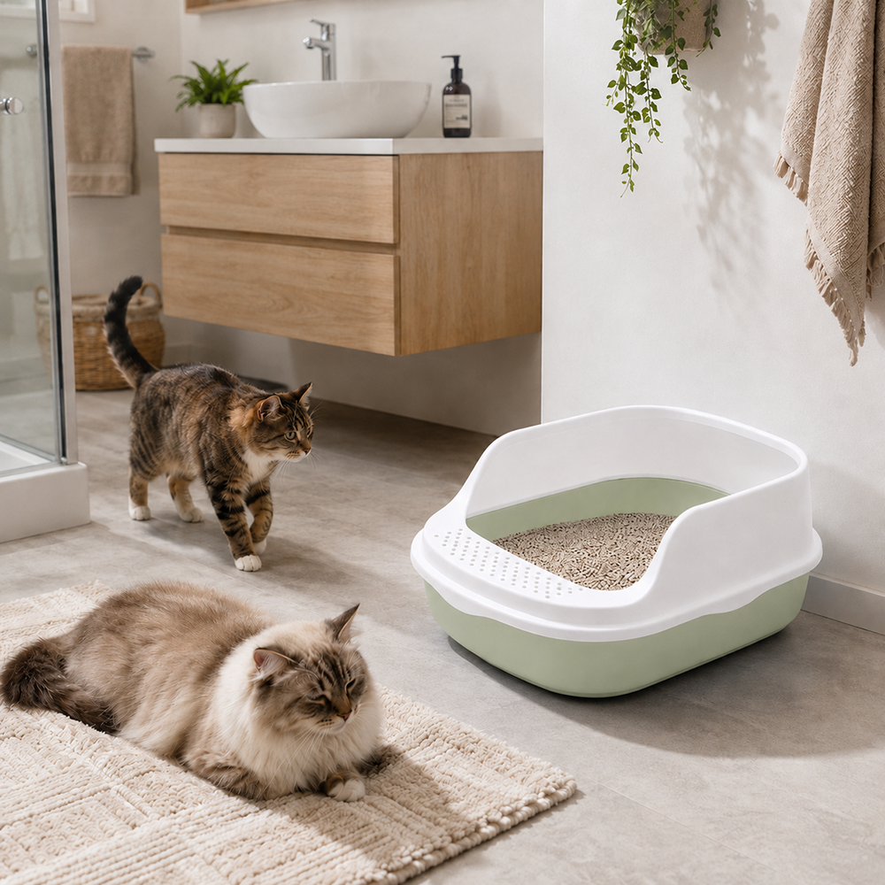 Open Cat Litter Box with Rim and Scoop, 48x38x19 cm, Green