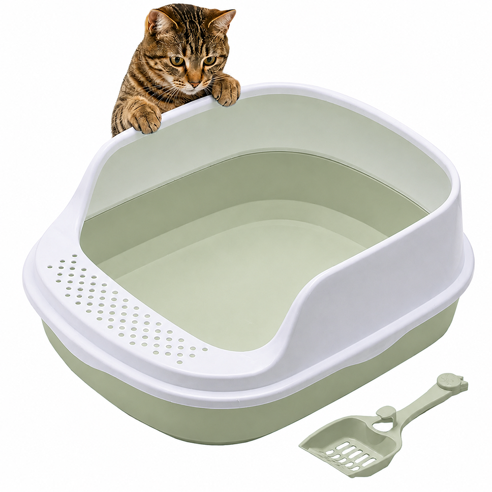 Open Cat Litter Box with Rim and Scoop, 48x38x19 cm, Green