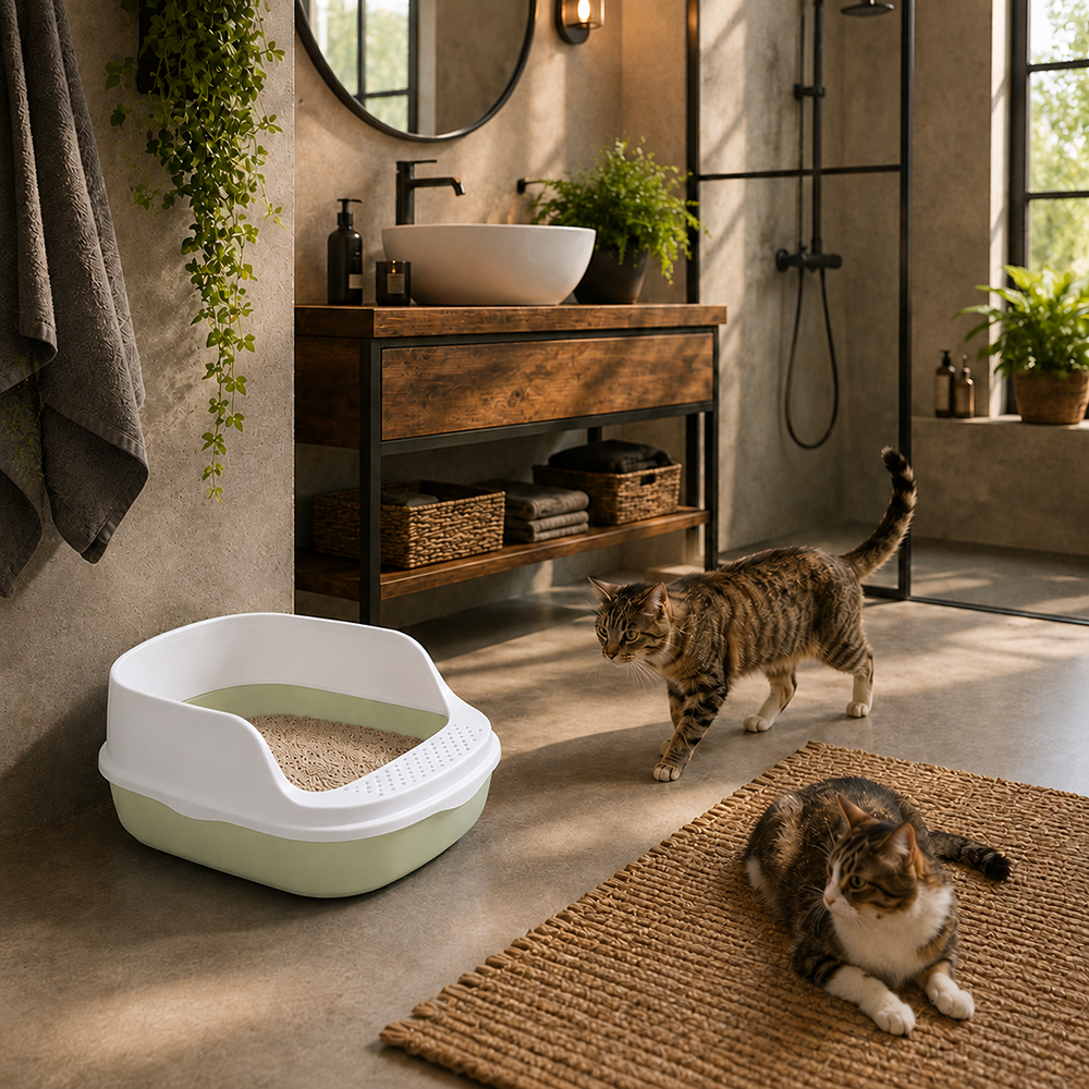 Open Cat Litter Box with Rim and Scoop, 48x38x19 cm, Green