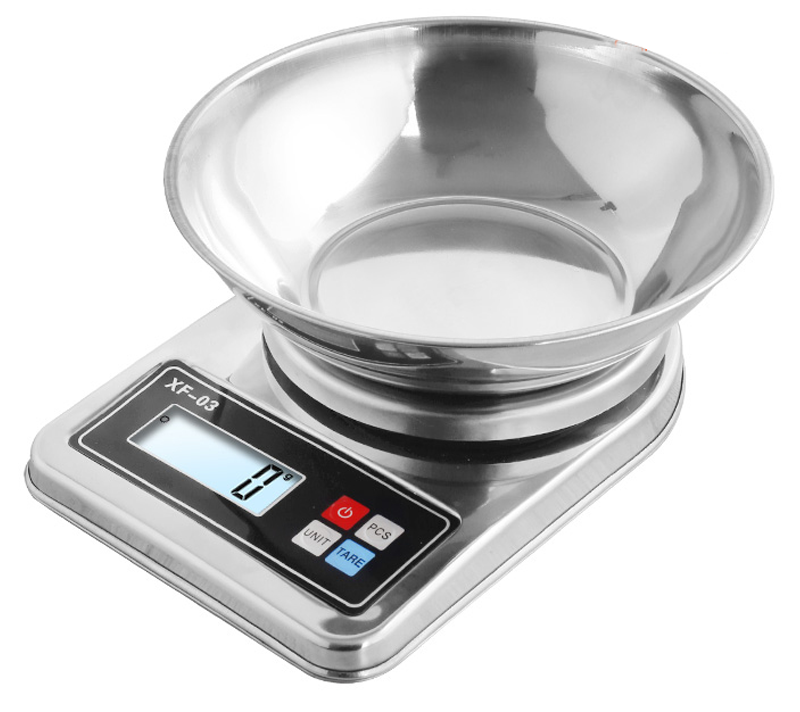Electronic Kitchen Scales with Metal Bowl 5kg/1g, Silver