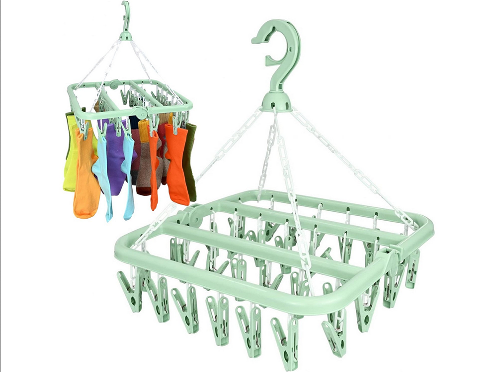 Hanging Drying Rack with 32 Clips for Socks, Underwear, and Small Items, Green