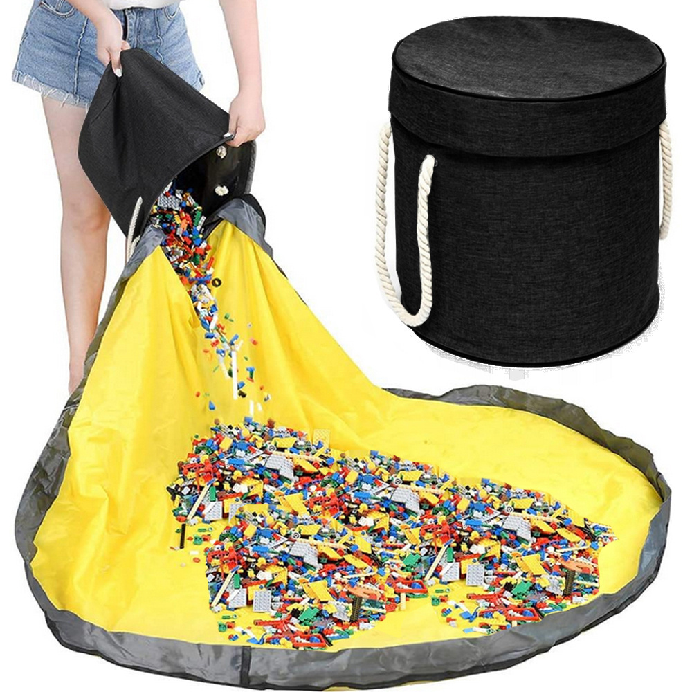 Toy Storage Basket with Play Mat, Organizer with Lid and Handles, Black