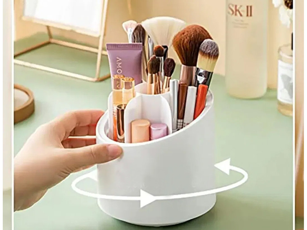 Rotating Makeup Organizer and Brush Holder with Lid, White (0)