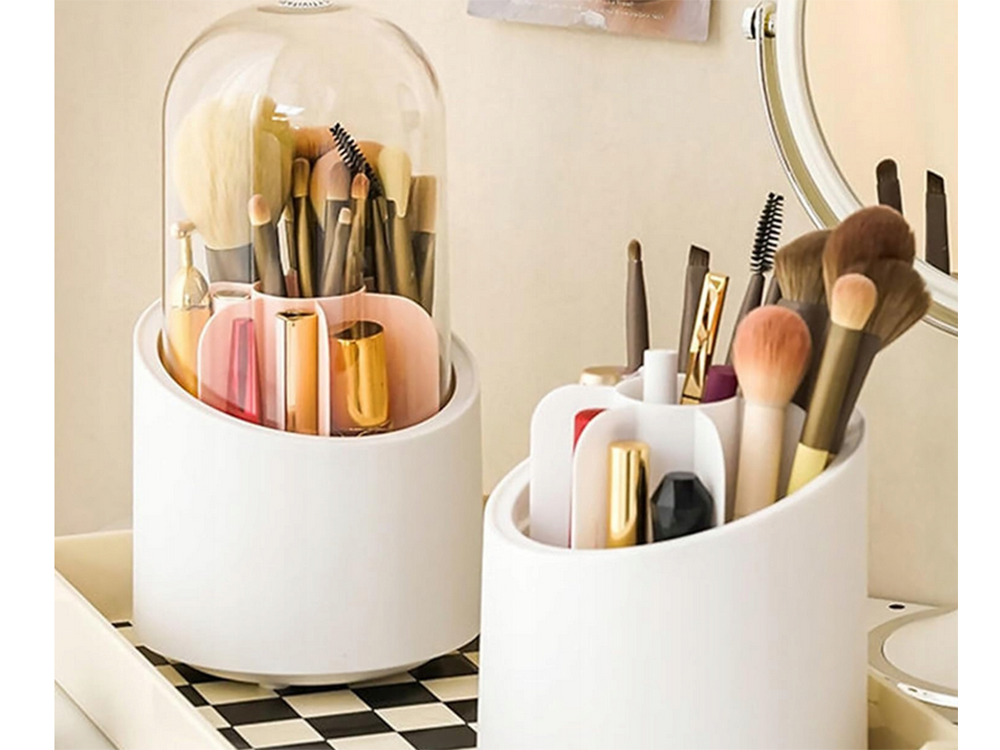 Rotating Makeup Organizer and Brush Holder with Lid, White (1)