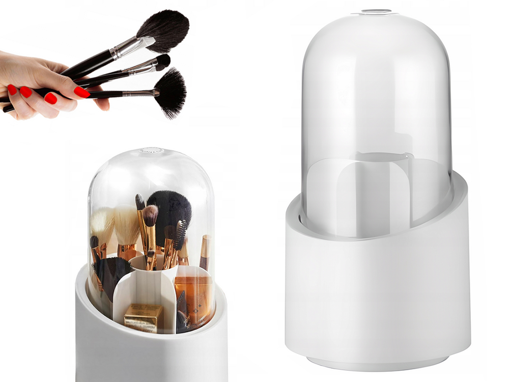 Rotating Makeup Organizer and Brush Holder with Lid, White (3)