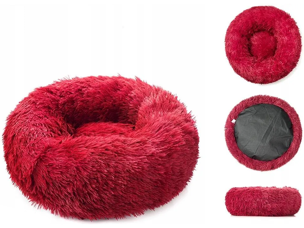 Plush Calming Donut Pet Bed for Dogs and Cats 50 cm, Burgundy