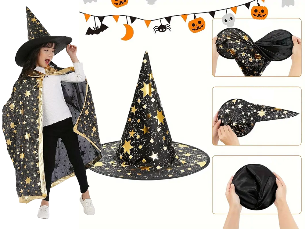 Wizard Costume for Halloween with Star Cape and Pointed Hat
