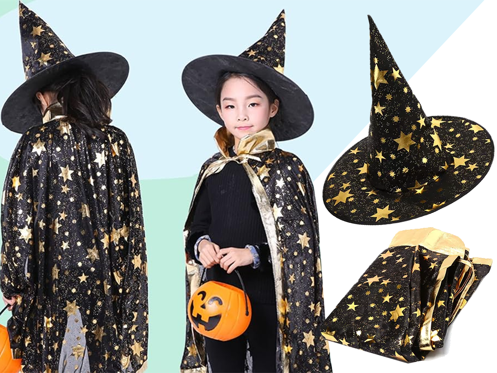 Wizard Costume for Halloween with Star Cape and Pointed Hat