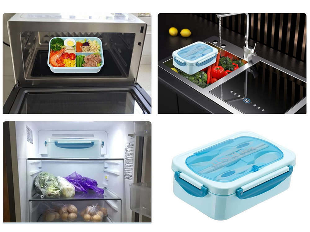 Lunch Box with 3 Compartments and Cutlery, Blue